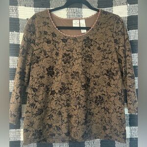 Brown 3/4 sleeve top with dark brown floral design. Size Large
